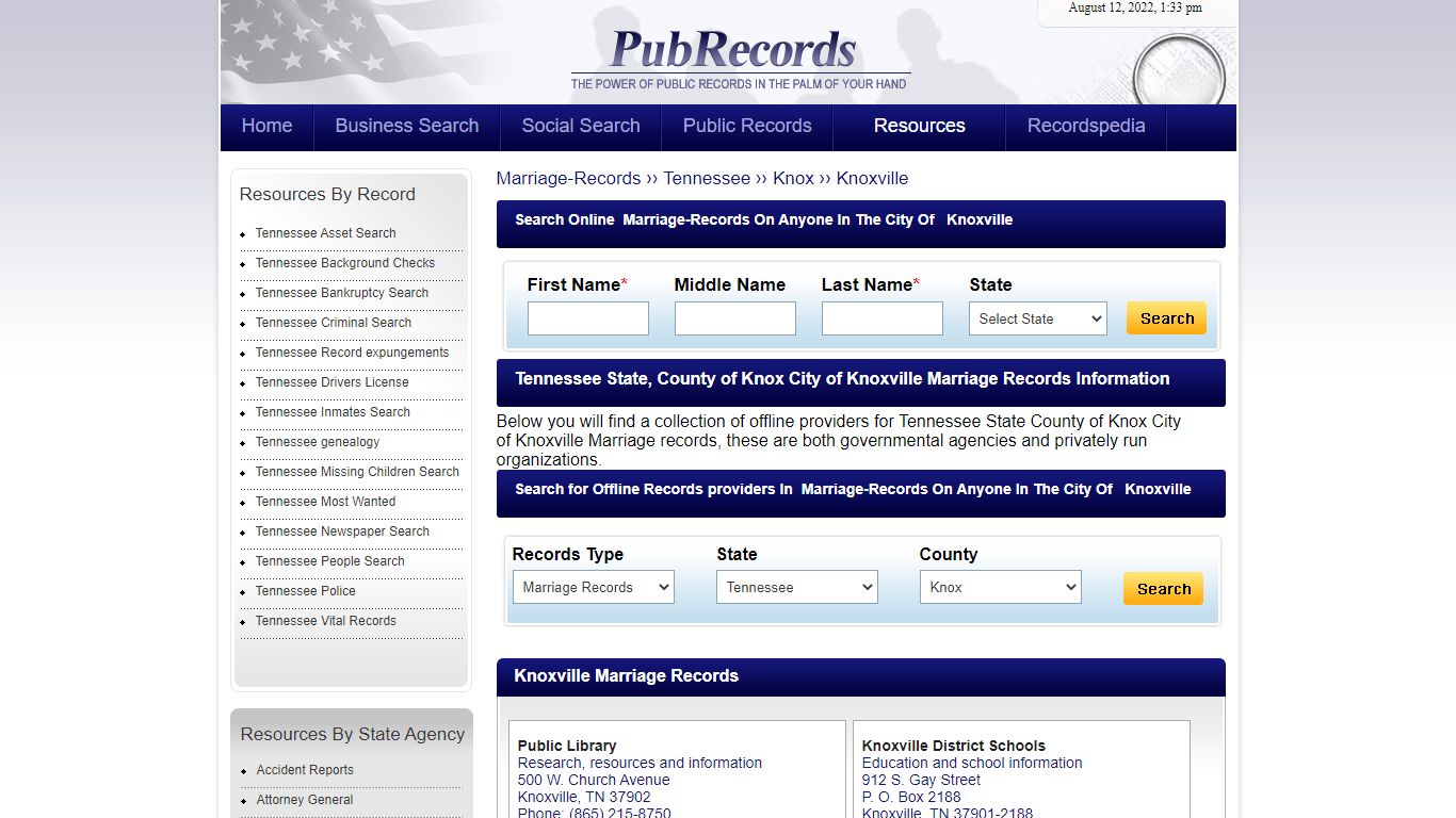 Knoxville, Knox County, Tennessee Marriage Records