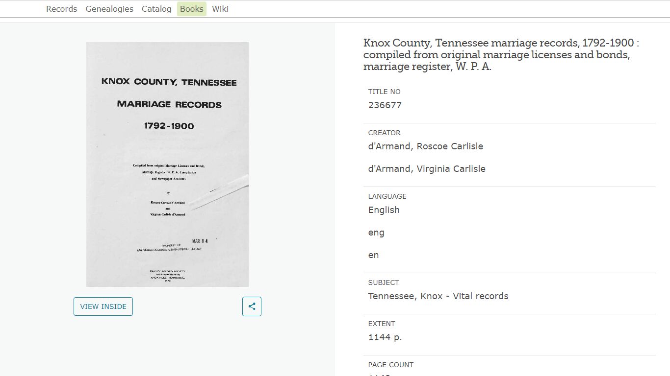 Knox County, Tennessee marriage records, 1792-1900 ...